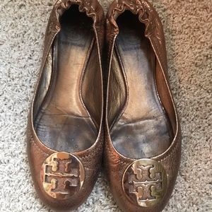 Tory Burch Reva Metallic Bronze, Gold Logo Flats